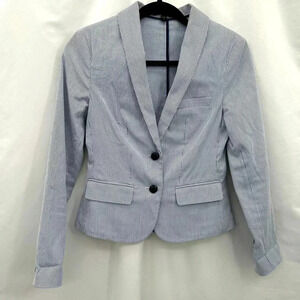 Express Womens Striped Jacket Blazer 0 Blue White Faux Pockets Collared Unlined